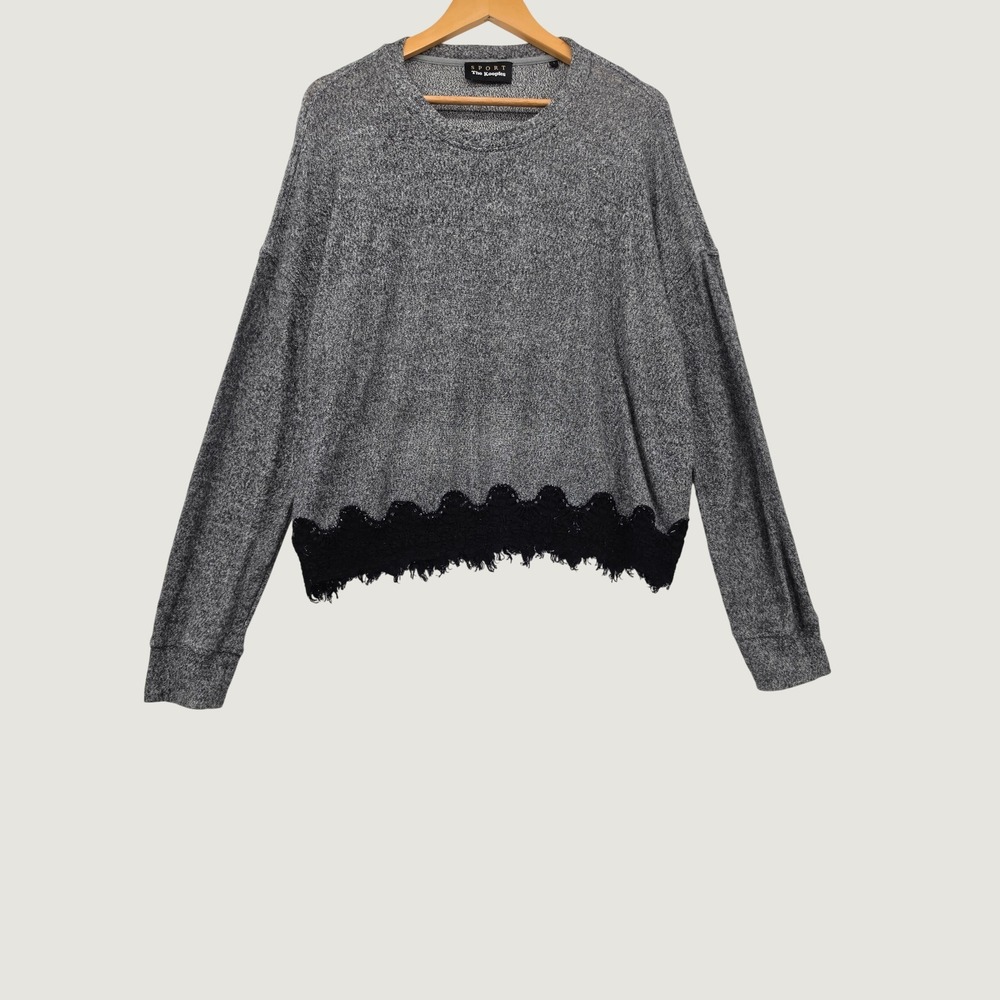 The Kooples Sport Grey Marl Knit Sweater Black Lace Trim Hem Size 3 L Large Top
